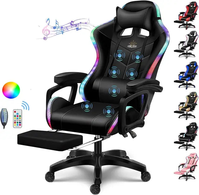 Silla Gaming con Altavoces y Luz LED RGB, Silla de Videojuegos de Masaje de 7 Puntos Ajustable con Reposacabezas y Soporte Lumbar