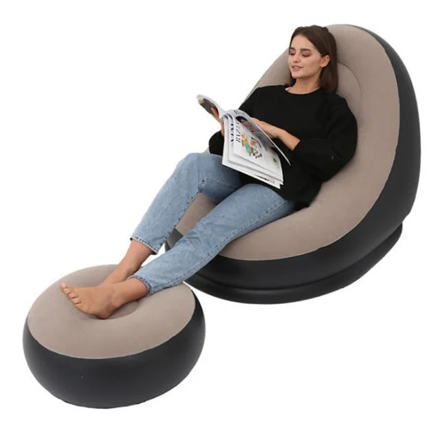 1pc Brown Inflatable Lazy Sofa with Footstool PVC Flocking Surface Sofa Chair Foldable Lounge Chair Desk Chair